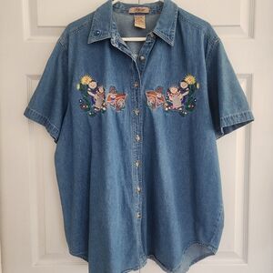Just My Size Embroidered Bear Floral Denim Shirt, Cottage Farmhouse Sz 18W/20W